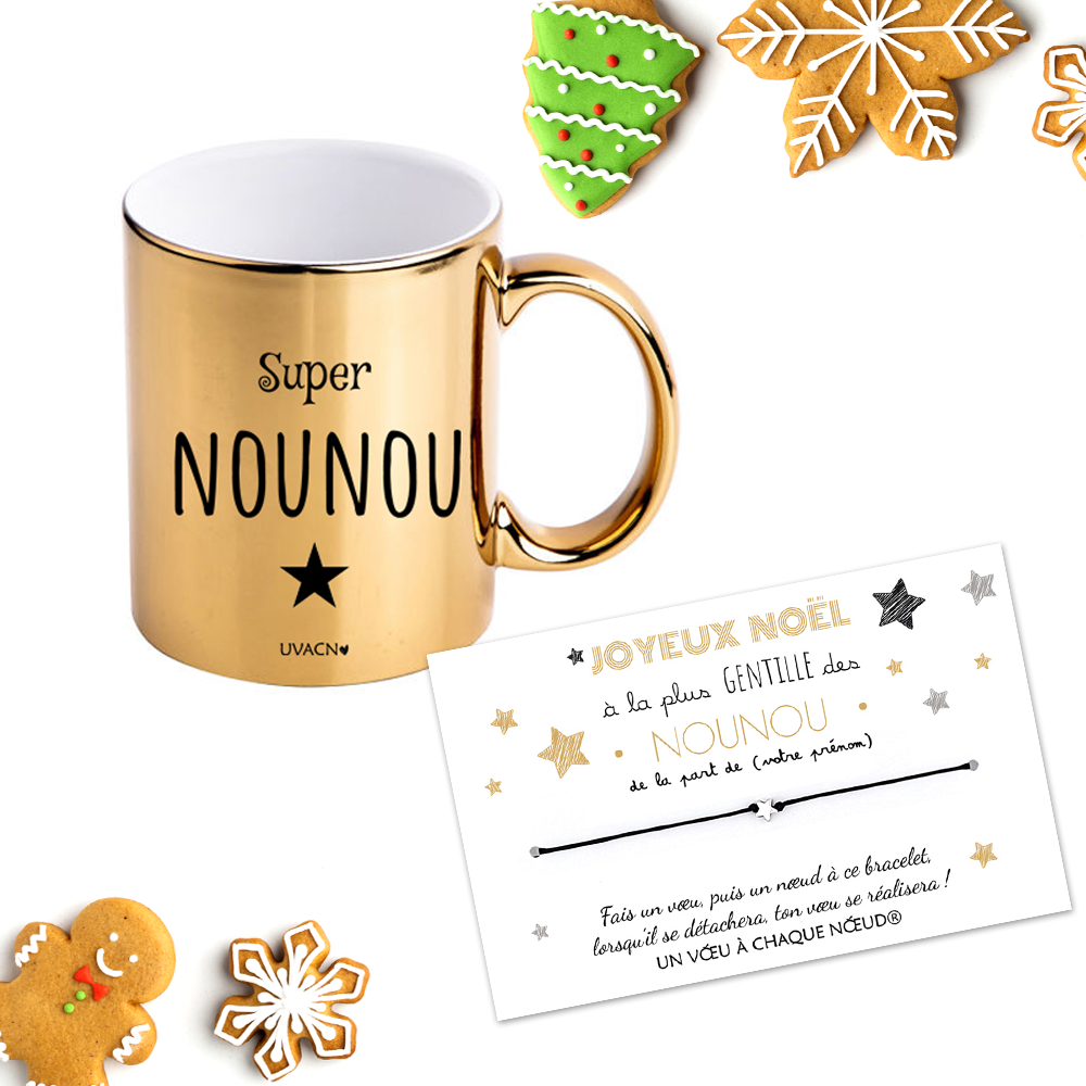 Coffret Cadeau MUG Super Nounou + Carte de Noël par UVACN – Un Vœu